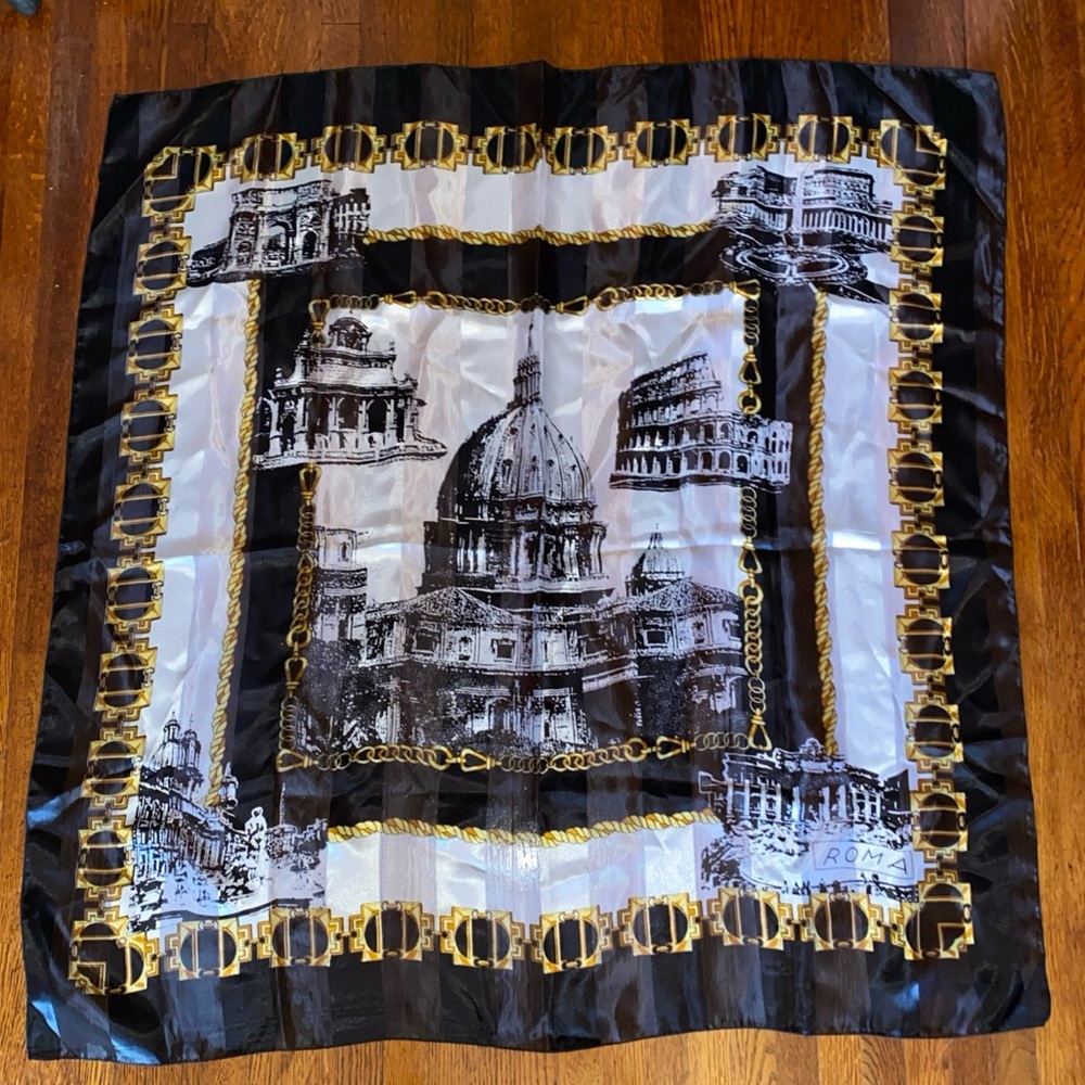 RAFFAELLO ROMA STRIPES BUILDINGS BLUE Gold Oversized SCARF 39”x39" Colluseum